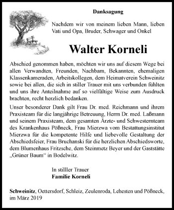 Traueranzeige von Walter Korneli von Ostthüringer Zeitung