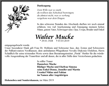 Traueranzeige von Walter Mucke von Thüringer Allgemeine