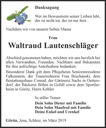 Traueranzeige von Waltraud Lautenschläger von Ostthüringer Zeitung
