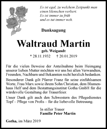 Traueranzeige von Waltraud Martin von Ostthüringer Zeitung, Thüringische Landeszeitung