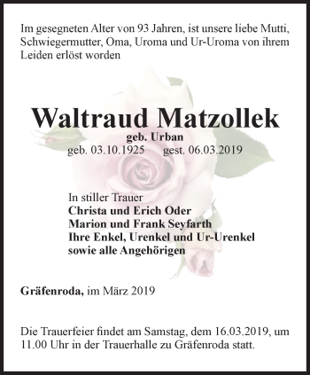 Traueranzeige von Waltraud Matzollek von Thüringer Allgemeine