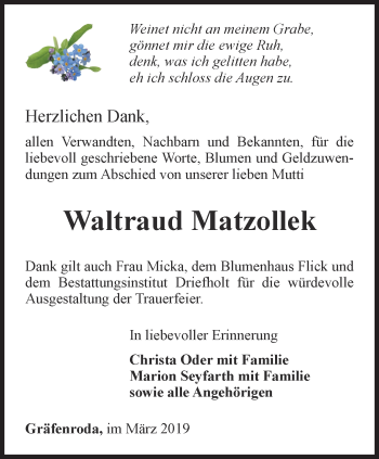 Traueranzeige von Waltraud Matzollek von Thüringer Allgemeine