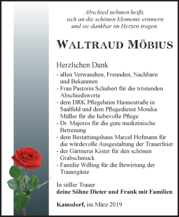 Traueranzeige von Waltraud Möbius von Ostthüringer Zeitung