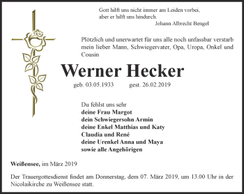Traueranzeige von Werner Hecker von Thüringer Allgemeine