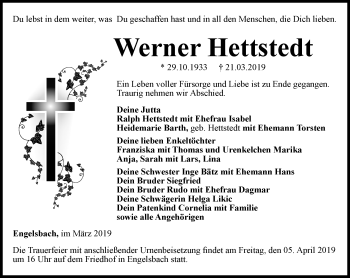 Traueranzeige von Werner Hettstedt von Ostthüringer Zeitung, Thüringische Landeszeitung