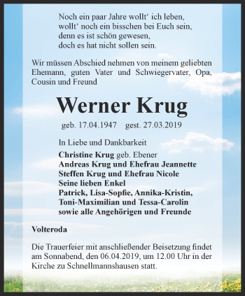 Traueranzeige von Werner Krug von Thüringer Allgemeine, Thüringische Landeszeitung