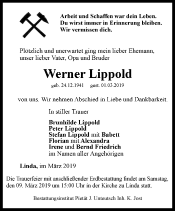 Traueranzeige von Werner Lippold von Ostthüringer Zeitung