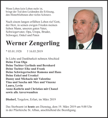 Traueranzeige von Werner Zengerling von Thüringer Allgemeine, Thüringische Landeszeitung