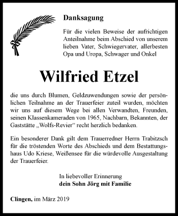 Traueranzeige von Wilfried Etzel von Thüringer Allgemeine