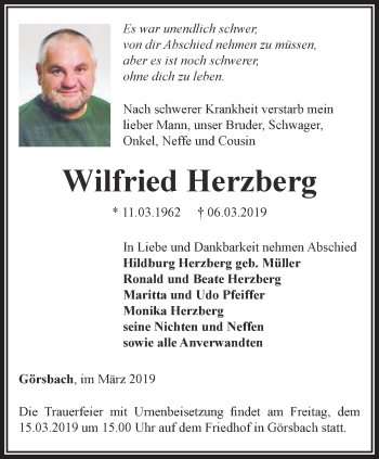 Traueranzeige von Wilfried Herzberg von Thüringer Allgemeine