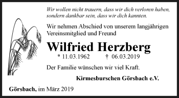 Traueranzeige von Wilfried Herzberg von Thüringer Allgemeine