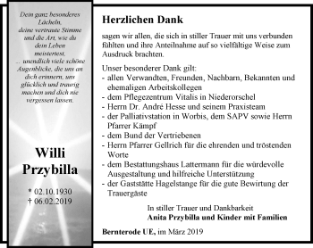 Traueranzeige von Willi Przybilla von Thüringer Allgemeine