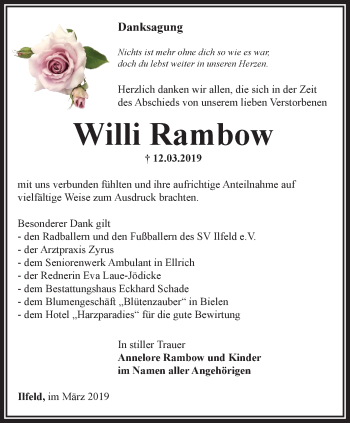 Traueranzeige von Willi Rambow von Thüringer Allgemeine