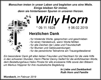 Traueranzeige von Willy Horn von Ostthüringer Zeitung