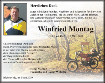 Traueranzeige von Winfried Montag von Thüringer Allgemeine, Thüringische Landeszeitung