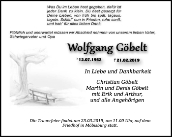 Traueranzeige von Wolfgang Göbelt von Thüringer Allgemeine, Thüringische Landeszeitung