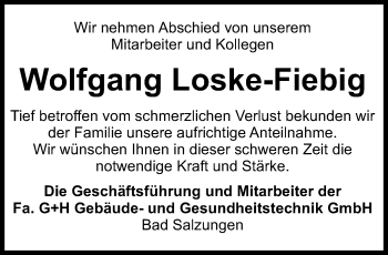 Traueranzeige von Wolfgang Loske-Fiebig von Thüringer Allgemeine, Thüringische Landeszeitung