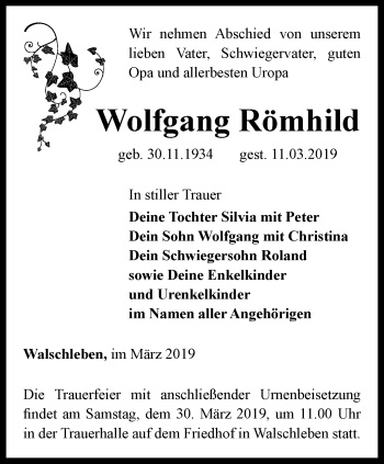 Traueranzeige von Wolfgang Römhild von Thüringer Allgemeine, Thüringische Landeszeitung