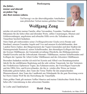 Traueranzeige von Wolfgang Zeng von Thüringer Allgemeine, Thüringische Landeszeitung