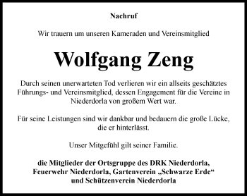 Traueranzeige von Wolfgang Zeng von Thüringer Allgemeine, Thüringische Landeszeitung