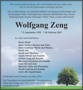 Traueranzeige von Wolfgang Zeng von Thüringer Allgemeine, Thüringische Landeszeitung
