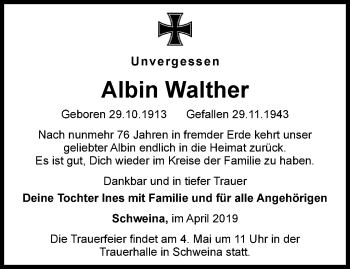 Traueranzeige von Albin Walther von Thüringer Allgemeine, Thüringische Landeszeitung