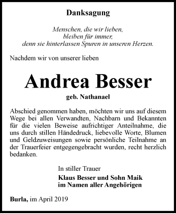 Traueranzeige von Andrea Besser von Ostthüringer Zeitung, Thüringische Landeszeitung