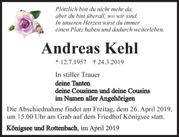 Traueranzeige von Andreas Kehl von Ostthüringer Zeitung