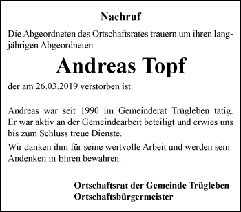 Traueranzeige von Andreas Topf von Ostthüringer Zeitung, Thüringische Landeszeitung