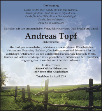 Traueranzeige von Andreas Topf von Ostthüringer Zeitung, Thüringische Landeszeitung