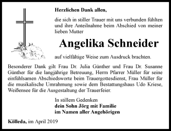 Traueranzeige von Angelika Schneider von Thüringer Allgemeine