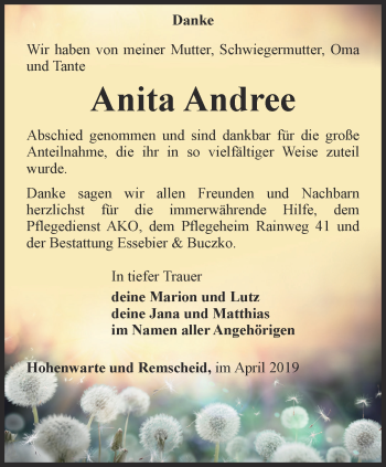 Traueranzeige von Anita Andree von Ostthüringer Zeitung