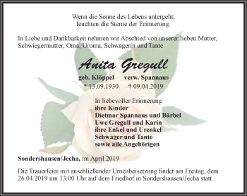 Traueranzeige von Anita Gregull von Thüringer Allgemeine