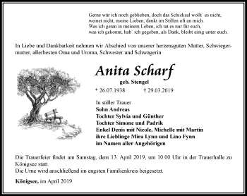 Traueranzeige von Anita Scharf von Ostthüringer Zeitung