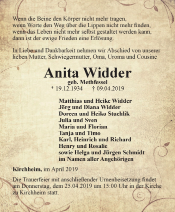 Traueranzeige von Anita Widder von Thüringer Allgemeine