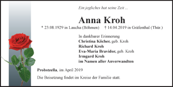 Traueranzeige von Anna Kroh von Ostthüringer Zeitung