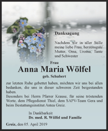 Traueranzeige von Anna Maria Wölfel von Ostthüringer Zeitung