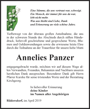 Traueranzeige von Annelies Panzer von Ostthüringer Zeitung