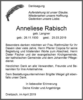 Traueranzeige von Anneliese Rabisch von Ostthüringer Zeitung