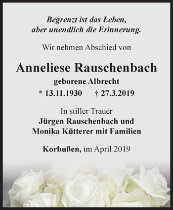 Traueranzeige von Anneliese Rauschenbach von Ostthüringer Zeitung