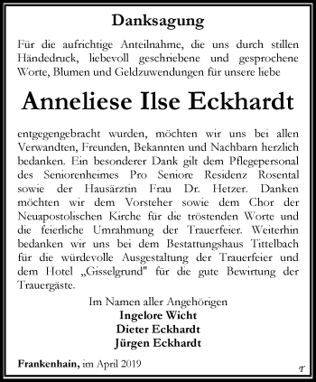 Traueranzeige von Anneliese Ilse Eckhardt von Thüringer Allgemeine