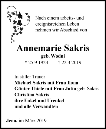Traueranzeige von Annemarie Sakris von Ostthüringer Zeitung, Thüringische Landeszeitung