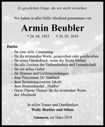 Traueranzeige von Armin Beubler von Thüringer Allgemeine, Thüringische Landeszeitung