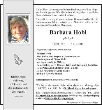 Traueranzeige von Barbara Hobl von Thüringer Allgemeine