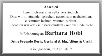 Traueranzeige von Barbara Hobl von Thüringer Allgemeine