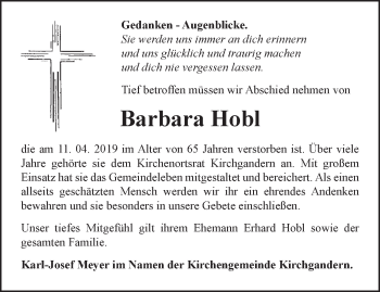 Traueranzeige von Barbara Hobl von Thüringer Allgemeine