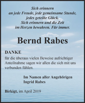 Traueranzeige von Bernd Rabes von Ostthüringer Zeitung