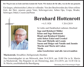 Traueranzeige von Bernhard Hottenrott von Thüringer Allgemeine