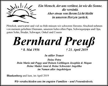 Traueranzeige von Bernhard Preuß von Ostthüringer Zeitung