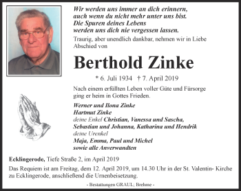 Traueranzeige von Berthold Zinke von Thüringer Allgemeine